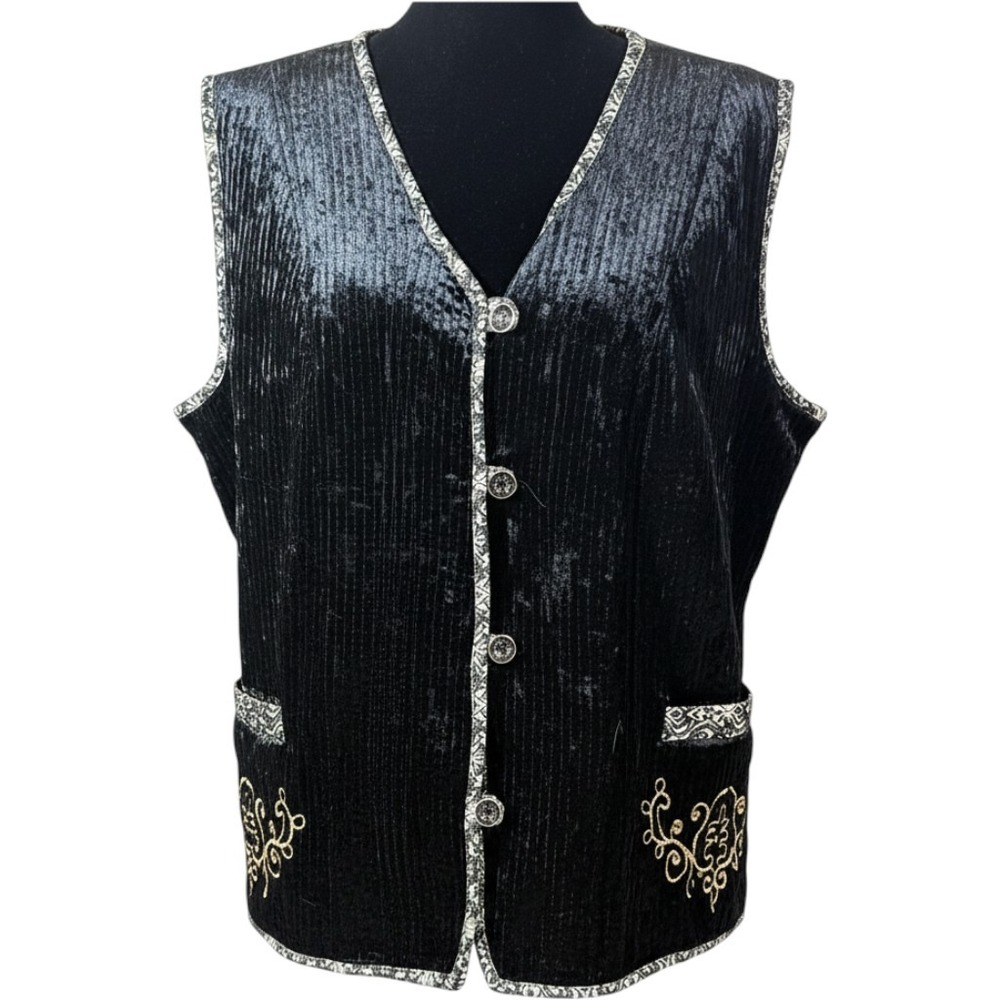 Vintage Black Crushed Velvet Quilted Vest Gold Embroidery Paisley Trim L